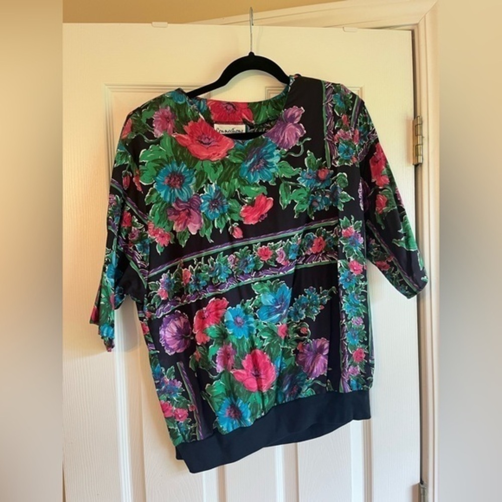 Vintage 80s maximalist colorful Floral summer pullover Top size large